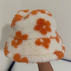 Cream Sherpa Bucket Hat with Orange Floral Pattern